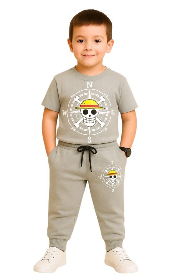 Grey Skull T shirt & Pajama Set For Kids Boys, Anime Co-ord Set For Kids, Anime Print Tshirt and Pajamas Set